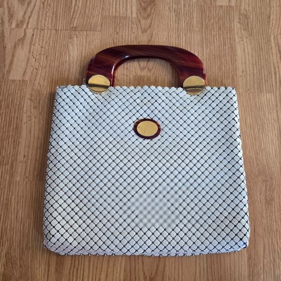 Vintage Whiting & Davis White Mesh Tote with Tortoise Handles - Picture 1 of 12